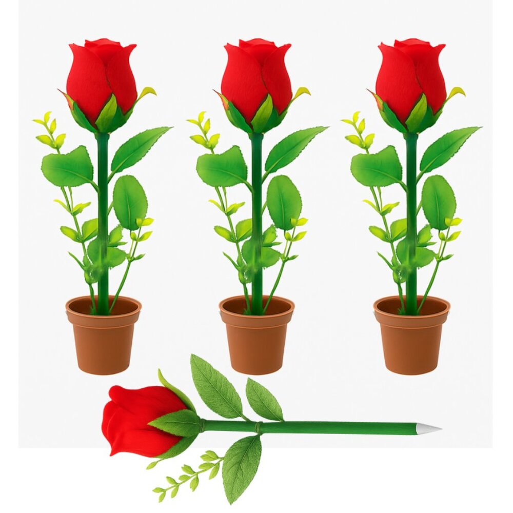 3 Pcs Colorful Rose Pen with Flower Pot Base